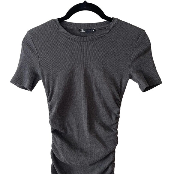 ZARA Small Ruched Ribbed Dress Mini Short Sleeve Dark Gray Short Stretch - Picture 5 of 10